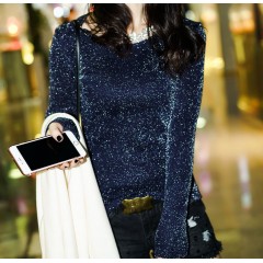 2019冬裝加絨蕾絲女長袖百搭金銀絲修身大碼圓領加厚T恤女打底衫