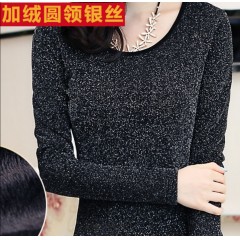 2019冬裝加絨蕾絲女長袖百搭金銀絲修身大碼圓領加厚T恤女打底衫