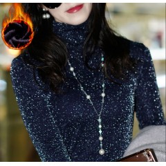 2019冬裝加絨蕾絲女長袖百搭金銀絲修身大碼圓領加厚T恤女打底衫