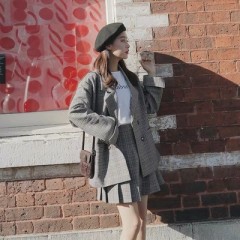 春秋新款韓版網紅休閑格子小西裝外套女寬松套裝百褶裙兩件套